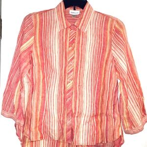 Linen Button Up Blouse L Pink Orange Serape Striped 3/4 Sleeve Tab-Cuff Pointed